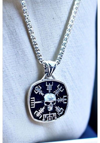 Gümüş Kaplama K-142 Paslanmaz Kromix Erkek Madalyon İskandinav Viking Vegvisir Koruma Sembolleri Gri