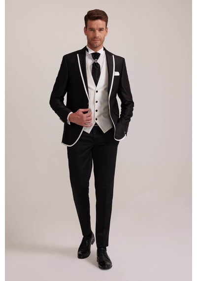Ysf Erkek Siyah Kırlangıç Yaka Yelekli Desenli Slim Fit Damatlık