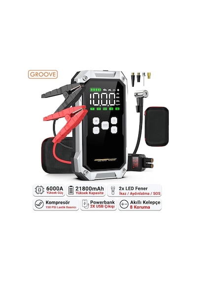 Tr F04 21600 Mah, 6000a Tepe Akımı Profesyonel Akü Takviye Cihazı + Lastik Şişirme Kompresörlü Taşınabilir Jum