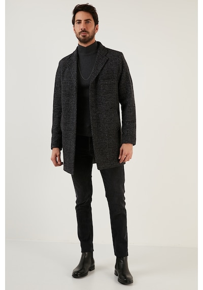 Buratti Slim Fit Tek Yırtmaçlı Düğmeli Mono Yaka Kaşe Erkek Kaban 5840098 Antrasit Ekoseli