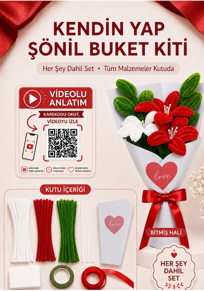 Kırmızı Beyaz Lilyum Buketi Kendin Yap Dıy Kiti 65 Adet Şönil İçerir Hobi Ve Hediye Seti