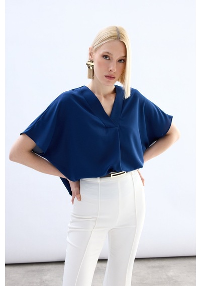 Sateen Geniş Kısa Kollu Bluz - İndigo-136763 İndigo
