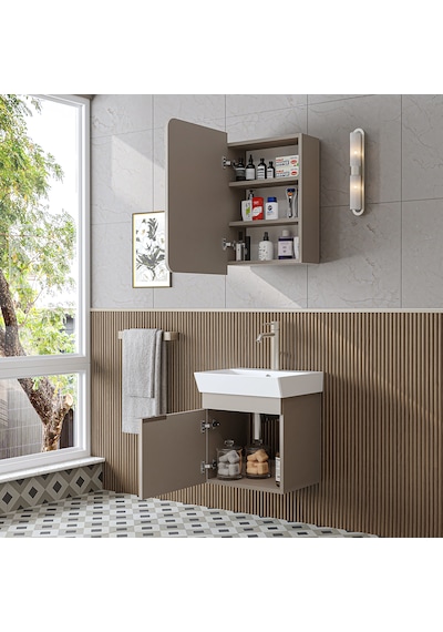 Likya Mdflam Tek Kapaklı Lavabolu 49 Cm Banyo Dolabı + Üst Dolabı, Mini Lavabolu Banyo Dolabı Takımı Kumtaşı Likya Mdflam Tek Kapaklı Lavabolu 49 Cm Banyo Dolabı + Üst Dolabı, Mini Lavabolu Banyo Dolabı Takımı Kumtaşı