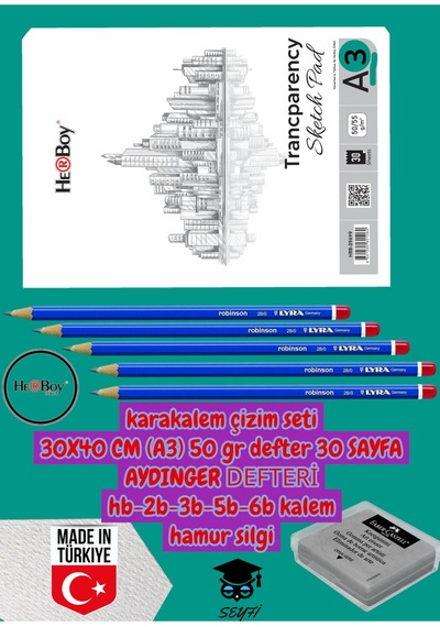 Kara Kalem Çizim Seti 30x40 Cm A3 50 Gr Defter 30 Sayfa Aydınger Defteri Hb-2b-3b-5b-6b Kalem Herboy Çok Renkli