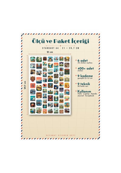 Seyahat Sticker Seti 400+ Adet Travel Retro Şehir 9 Farklı Boy Ajanda Planner Scrapbook Journal A4 Çok Renkli