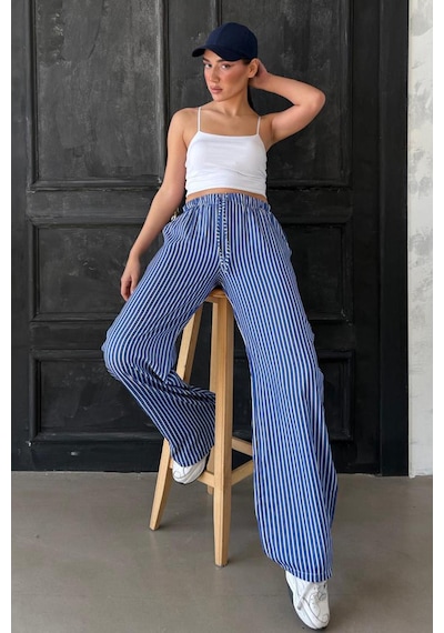 Madmext Lacivert Beli Ayarlanabilir Çizgili Cepli Bol Paça Kadın Pantolon Mg2312 Lacivert