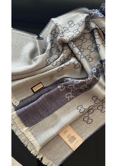Miorel Scarfs İnce Kumaş G Desen Pamuklu Şal Yün İpek Şal 4 Mevsim Çift Taraflı Kot Mavi