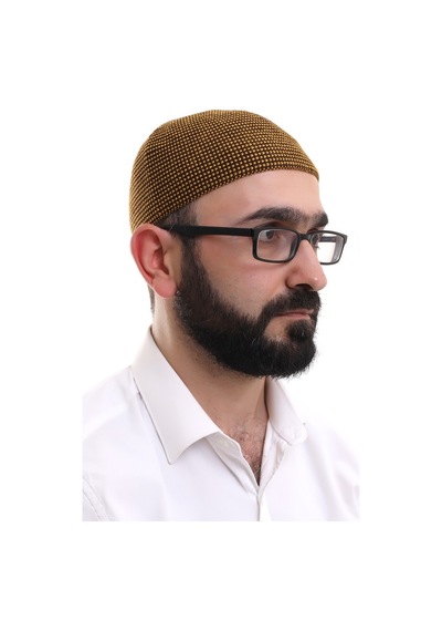 Hardal Kışlık Nokta Desenli Orlon Namaz Takkesi Sarı