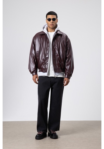 Vamos Basıc Suni Deri Oversize Ceket Bordo