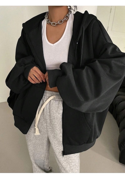 Startmore Relax&basic Kapüşonlu Sweatshirt Kolye Ve Bere 3lü Kombin Siyah Siyah