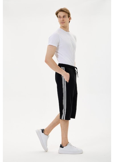 Mysport 6008 Erkek Relax Fit Rahat Kesim Pamuklu Beli Bağcıklı Fermuarlı Cep Yan Şeritli Kapri Bermuda Siyah