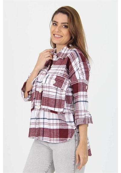 Neşeli Butik Kadın Katlanabilir Kol Cep Detaylı Ekose Oduncu Gömlek Nb9020 bordo