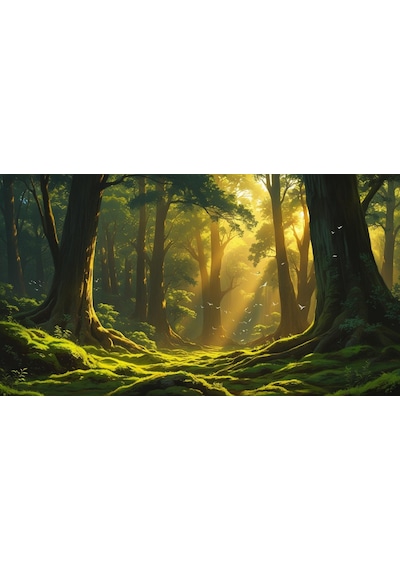 Doğa Ve Manzara Yatay Ağaçlar Güneş Işıkları Derin Orman Yemyeşil Yosun Kaplı Zemin Uçan Kuşlar 02 Çerçevesiz 90x60cm Pvc Tablo