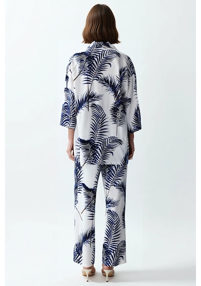 Benerly Kadın Büyük Beden Kimono Geniş Paça Takım Tropikal Desenli Viskon Indigo