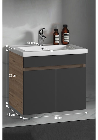 55 Cm Atlantik Çam-Antrasit Gri Mat Mdf Lavabolu Banyo Alt Dolabı Antrasit - Atlantik Çam