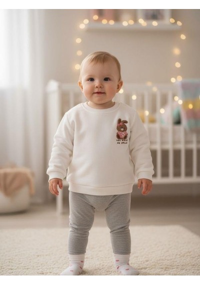 Zekids Kız Bebek Pamuklu Punch Tavşan Nakışlı Sweatshirt-16336 Beyaz