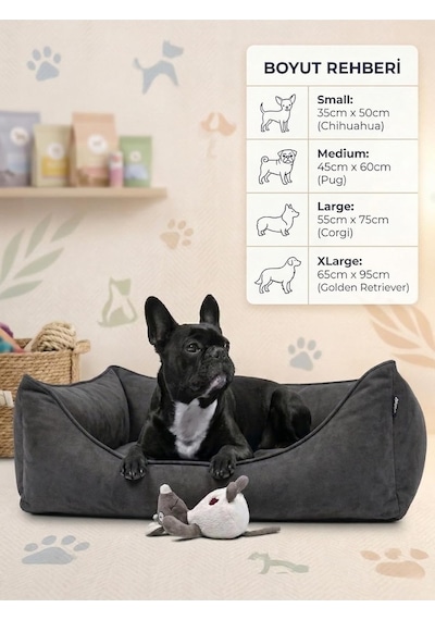 Plus Silinebilir Kedi Köpek Yatağı, Koltuk Kumaşı, Yıkanabilir, Gri, Large