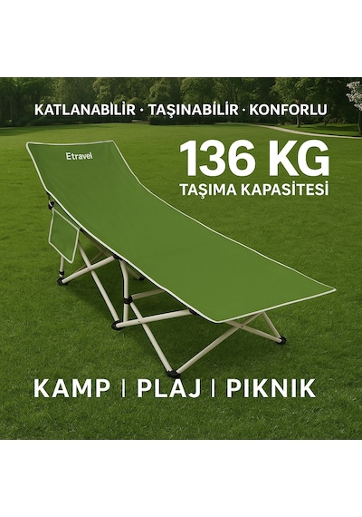 Etravel Cr-1188 Katlanabilir Şezlong Kamp Yatağı Plaj Yatağı Kampet Yeşil Siyah