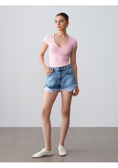 Dilvin 32894 V Yaka Fit T-shirt-toz Pembe