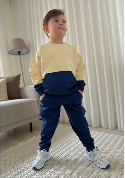 Jeliboomkidswear Erkek Çocuk 3-10 Yaş 2 İplik Likralı Günlük Eşofman Takımı Lacivert- Ekru