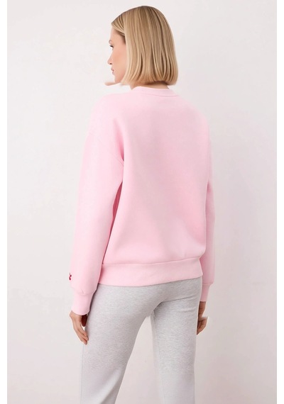 Benerly Kadın Bisiklet Yaka Düşük Kol Nakışlı Örme Sweatshirt Fonksiyonel Açık Pembe
