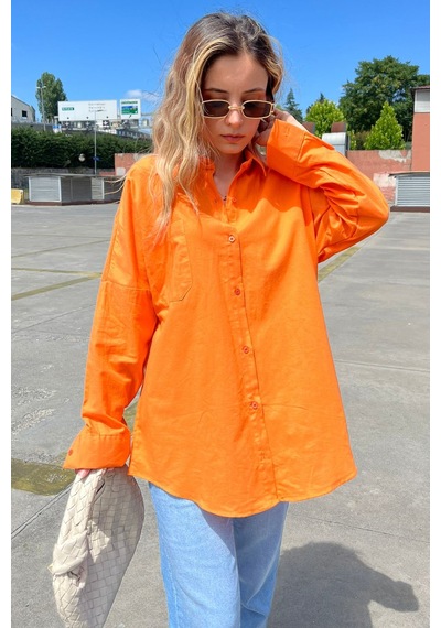 Madmext Turuncu Oversize Basic Cepli Poplin Gömlek Mg1530 Turuncu