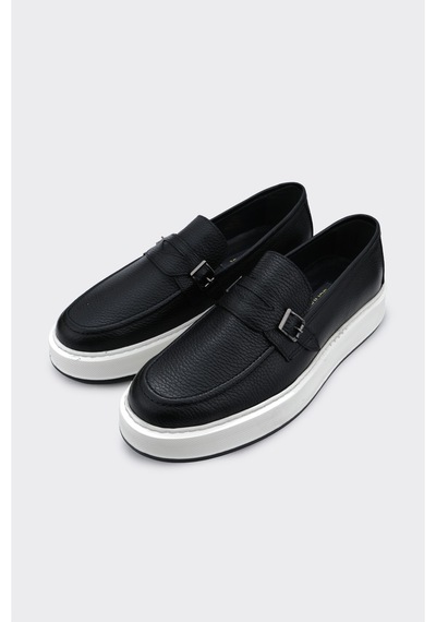Derinet Comfort Taban Hakiki Deri Tokalı Erkek Loafer Siyah Siyah