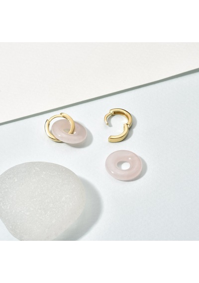 14 Ayar Altın Kaplama Gerçek Ve Doğal Donut Rose Quartz Taşlı Halka Küpe - Es00153 Altın