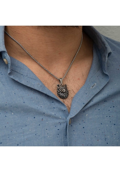 925 Ayar Gümüş Kurt Kafası Kolye Beyaz