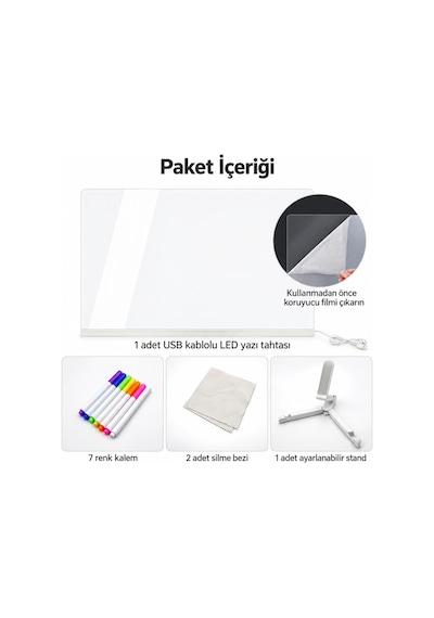 Yazı Çizim Tahtası Led Işıklı 20x30 Cm 7 Kalem Ve Stant Hediyeli Neon Işıklı Eğitici Not Tahtası Şeffaf