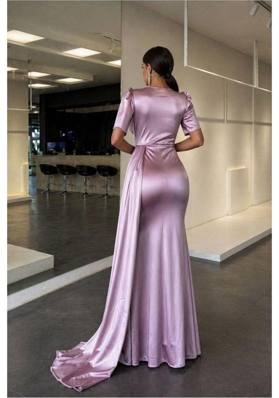 DefyModa Kadın Saten Kumaş Kruvaze Yaka Abiye Elbise Gülkurusu