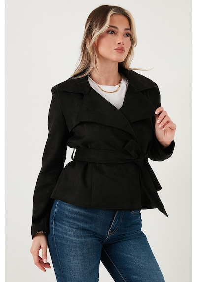Lela Regular Fit Kruvaze Yaka Kuşaklı Süet Dokulu Bayan Ceket 6839640 Siyah