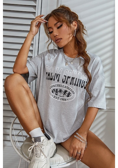 Unisex Palm Springs Baskılı T-shirt Gri