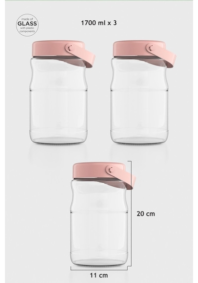 Renga Macro 1700 Ml Pembe Kapaklı 3'lü Cam Kavanoz Seti 131074 Pembe