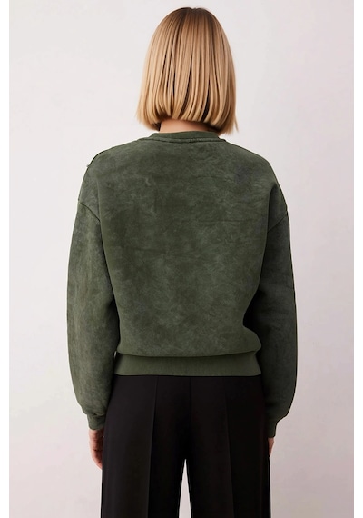 Benerly Kadın Bisiklet Yaka Düşük Kol Eskitme Efektli Regular Sweatshirt Haki
