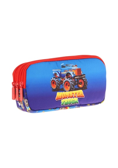 Kaukko Kids Kırmızı Mavi, Monster Truck, Erkek Çocuk Üç Bölmeli Okul Kalem Çantası - L8257 Kırmızı - Mavi