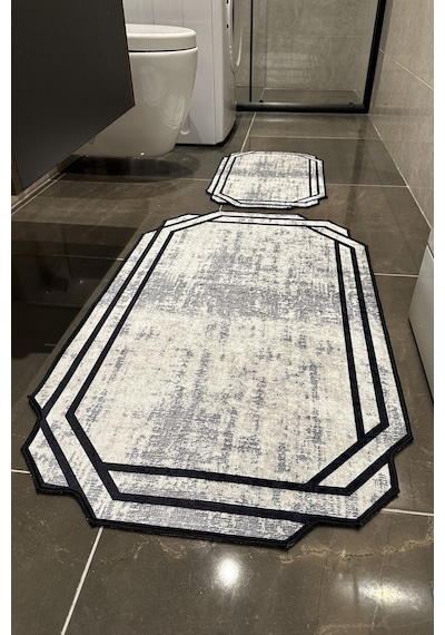 Buççin Online Mağaza Lüks Gri Siyah Yıkanabilir Kaymaz Taban 2 Li Takım Banyo Paspası Pamuk Polyester Gri Çok Renkli