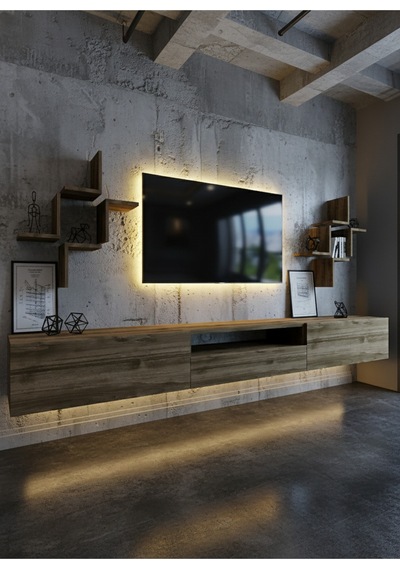Resital Duvara Monte Ledli 270 Cm Tv Ünitesi Duvar Raflı - Ll6047 Ceviz