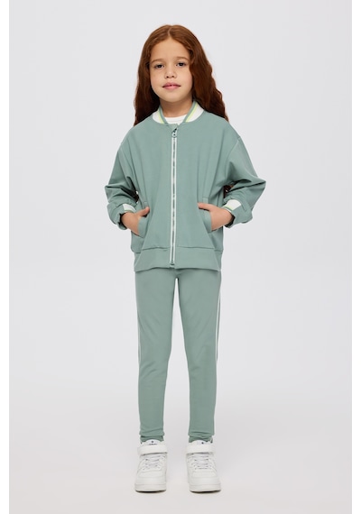 Panço Kız Çocuk Kolej Yaka Yakası Çizgili Fermuarlı Yeşil Sweatshirt