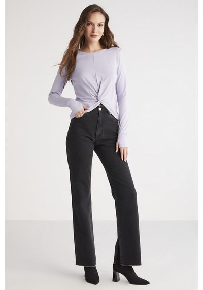 Ethıquet Genesıs Kadın Slim Fit Dar Kesim Önü Nervürlü Drape Detaylı Yuvarlak Yaka Crop Lila Bluz