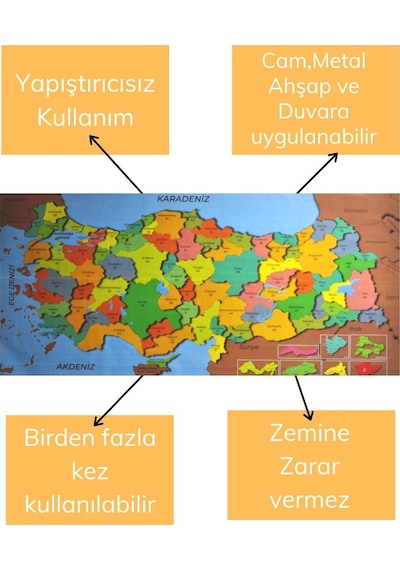 Mcg Renkli Türkiye Haritası Manyetik Yapıştırıcı Gerektirmeyen Duvar Stickerı 118 Cm 56 Cm Renkli