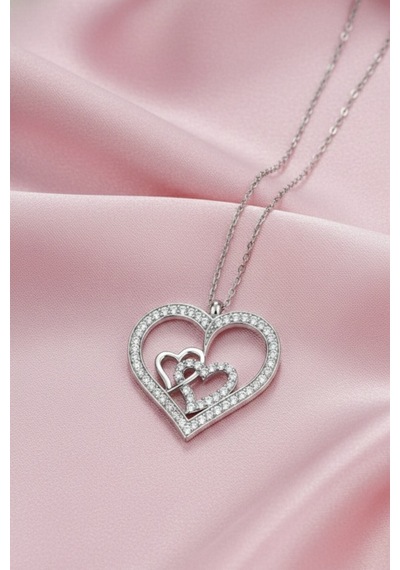 Çekirdekjewelry 925 Ayar Gümüş Zirkon Taşlı Kalplı Kolye Gri
