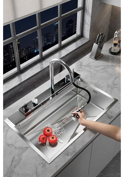 Premium Krom Akıllı Mutfak Evyesi- 75x46 Cm Çok Fonksiyonlu- Lüx Dijital Akıllı Eviye Seti Silver