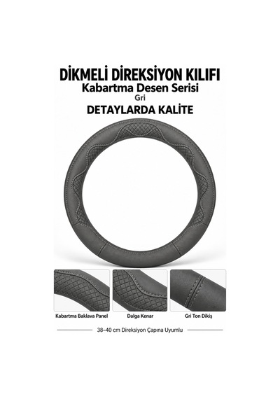 Trobus Mg Zs 2018-2025 Uyumlu Dikmeli Direksiyon Kılıfı Kabartma Desen Gri