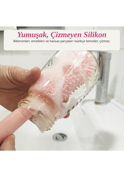 Valkyrie Ayıcık Seyahat Biberon Emzik Pipet Temizleme Seti Silikon Fırça Kurutma Standı Taşıma Kutusu Pembe
