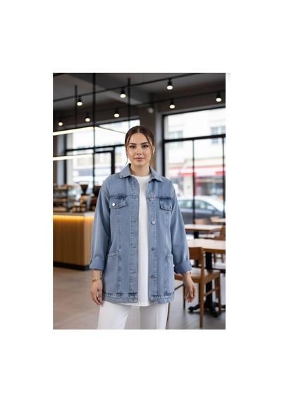 Hb Harma Time Butik Kadın Cep Detaylı Denim Mavi Kot Ceket