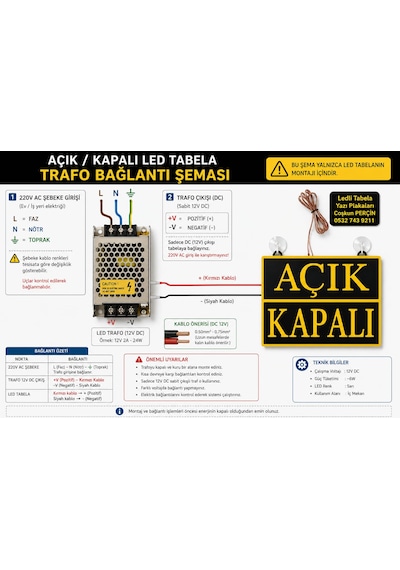 Açık Kapalı Yazılı Led Işıklı Tabela Siyah Kasa Sarı Işık