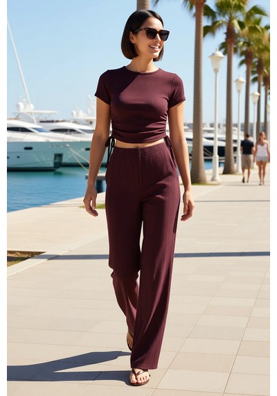 Benerly Kadın Kısa Kollu Bisiklet Yaka Crop Top İspanyol Paça Flare Panto Mürdüm Benerly Kadın Kısa Kollu Bisiklet Yaka Crop Top İspanyol Paça Flare Panto Mürdüm
