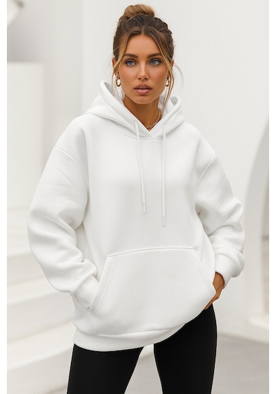 Kadın Ekru Kanguru Cepli Kapüşonlu Scuba Sweatshirt Ekru