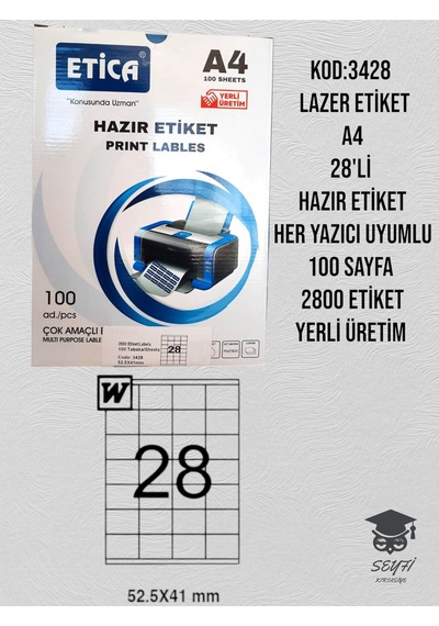 3428 Lazer Etiket A4 28'li Hazır Etiket Her Yazıcı Uyumlu 100 Sayfa 2800 Etiket Yerli Üretim